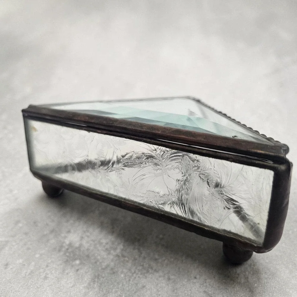 Vintage Etched Clear Beveled Leaded Glass Jewelry Triangle Art Deco Box Trinket